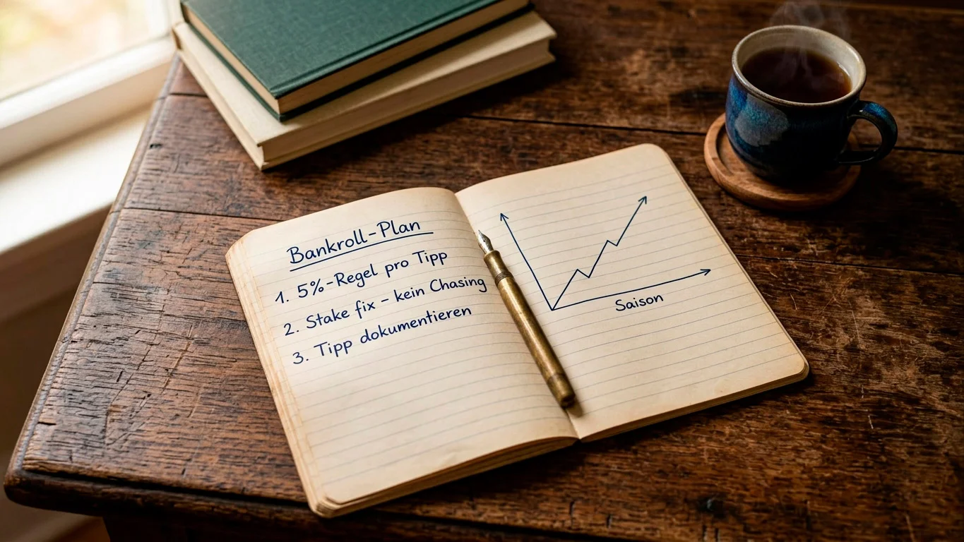 Aufgeschlagenes Notizbuch mit handgeschriebener Bankroll-Strategie, Stift und Tasse Kaffee auf einem Holztisch