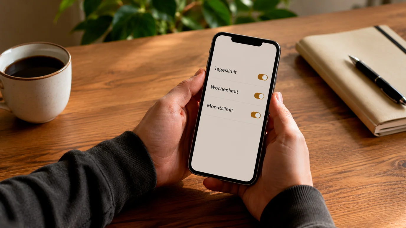 Person stellt am Smartphone ein Einzahlungslimit für Sportwetten ein, ruhige Tischszene mit Notizblock und Stift