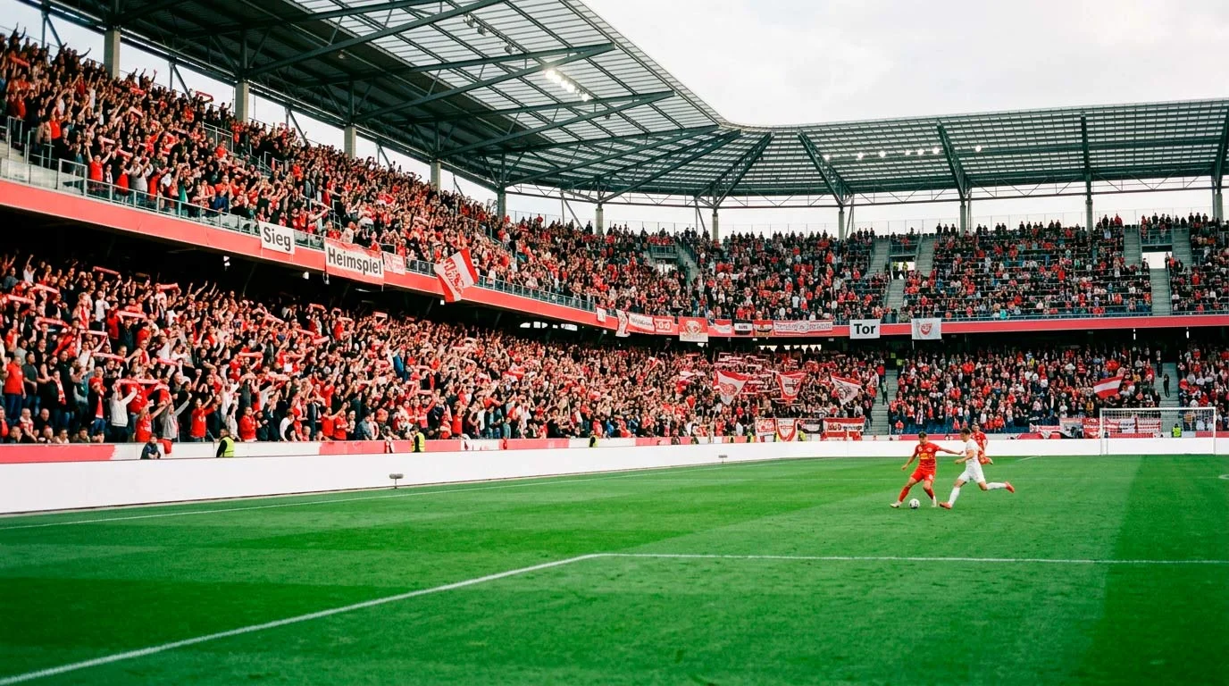 Volles Fußballstadion bei einem Spiel der ADMIRAL Bundesliga in Österreich mit dichten Zuschauerrängen am Spielfeldrand